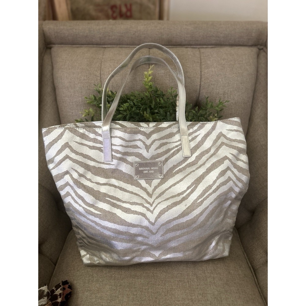 Michael Kors Metallic Silver Zebra Print Tote Bag 17 X 13 X 4 XL